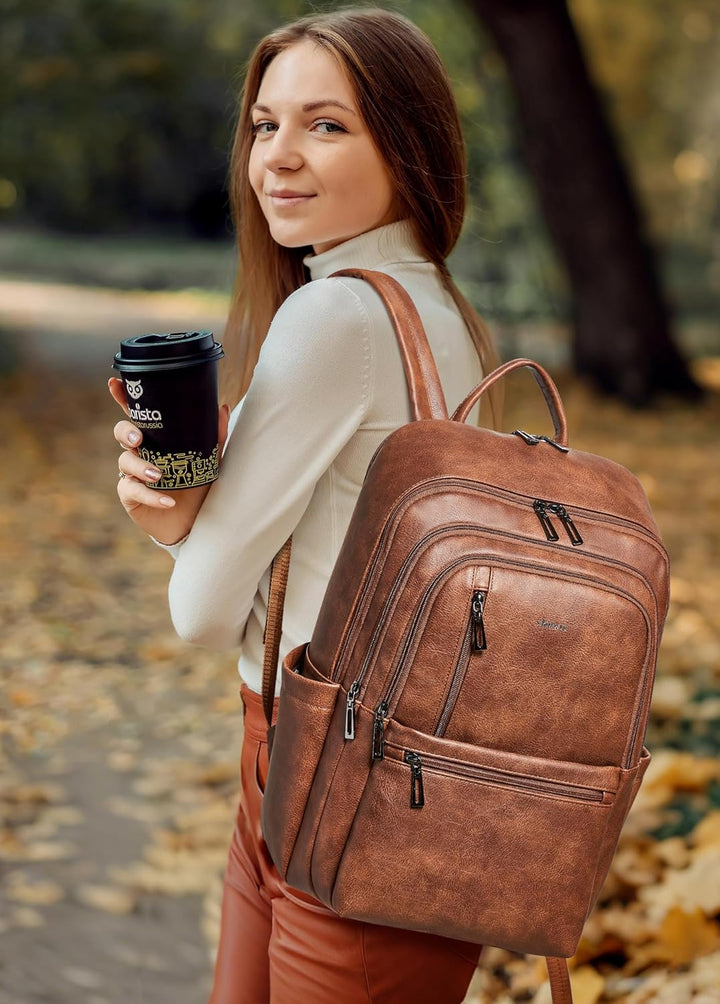Shrrie Mochila de cuero para laptop de 17 pulgadas para mujer, moch...