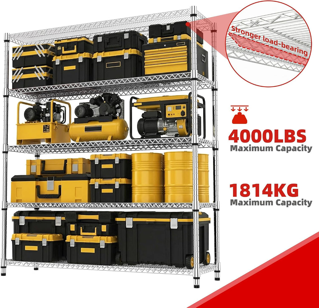 M MZG Estantes de almacenamiento de 5 niveles con carga de 3300 libras, estantes de metal de alambre de metal para almacenamiento, estantes ajustables de garaje para despensa, cocina, garaje, luz