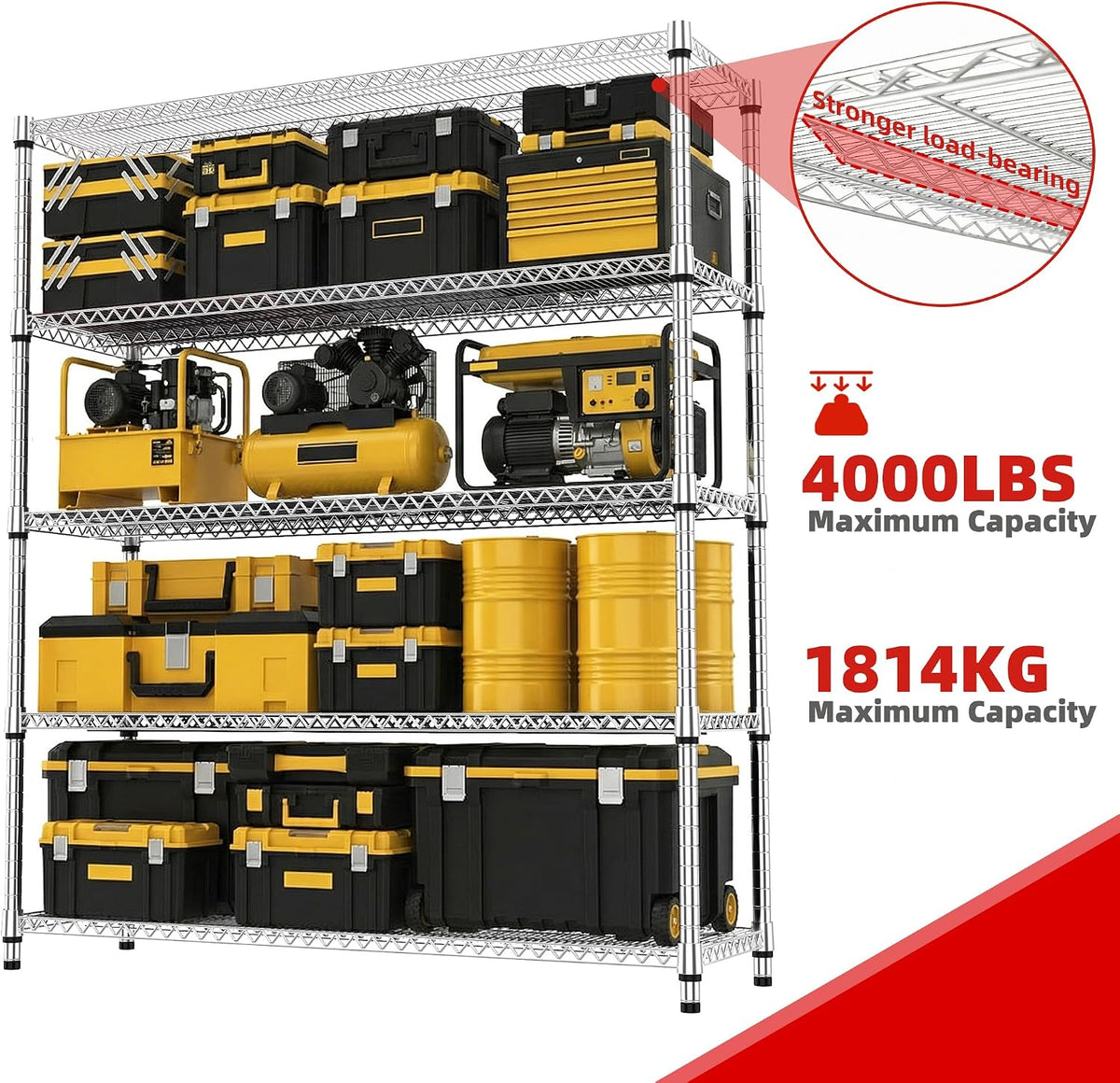 M MZG Estantes de almacenamiento de 5 niveles con carga de 3300 libras, estantes de metal de alambre de metal para almacenamiento, estantes ajustables de garaje para despensa, cocina, garaje, luz
