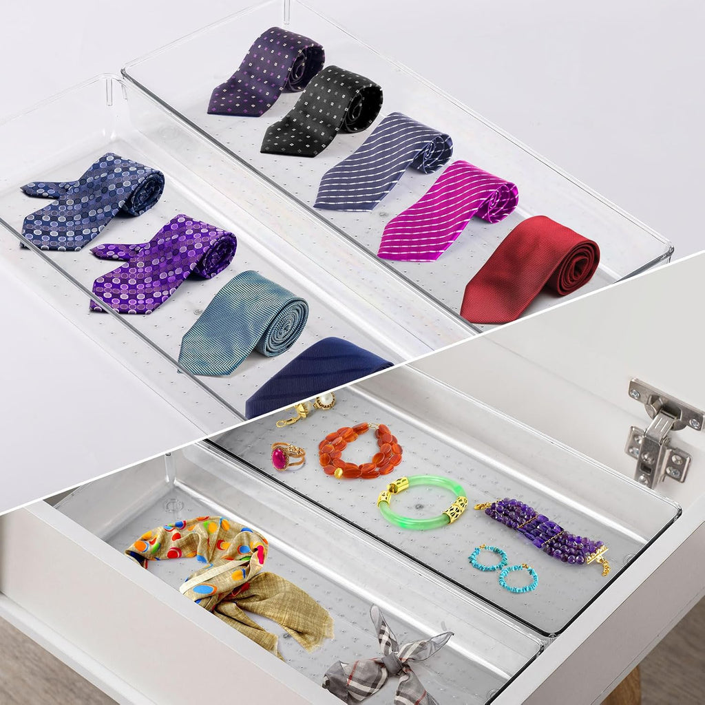 6 bandejas organizadoras grandes de plástico transparente de 15 x 6.3 pulgadas con 25 almohadillas antideslizantes para maquillaje, joyas, utensilios de cocina, baño y oficina