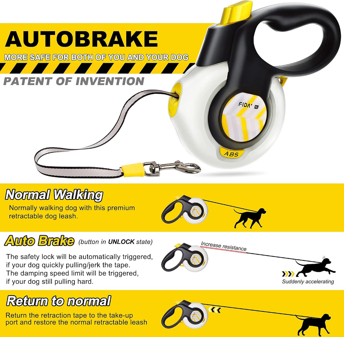 Fida AutoBrake - Correa retráctil resistente para perros, 16 pies, para