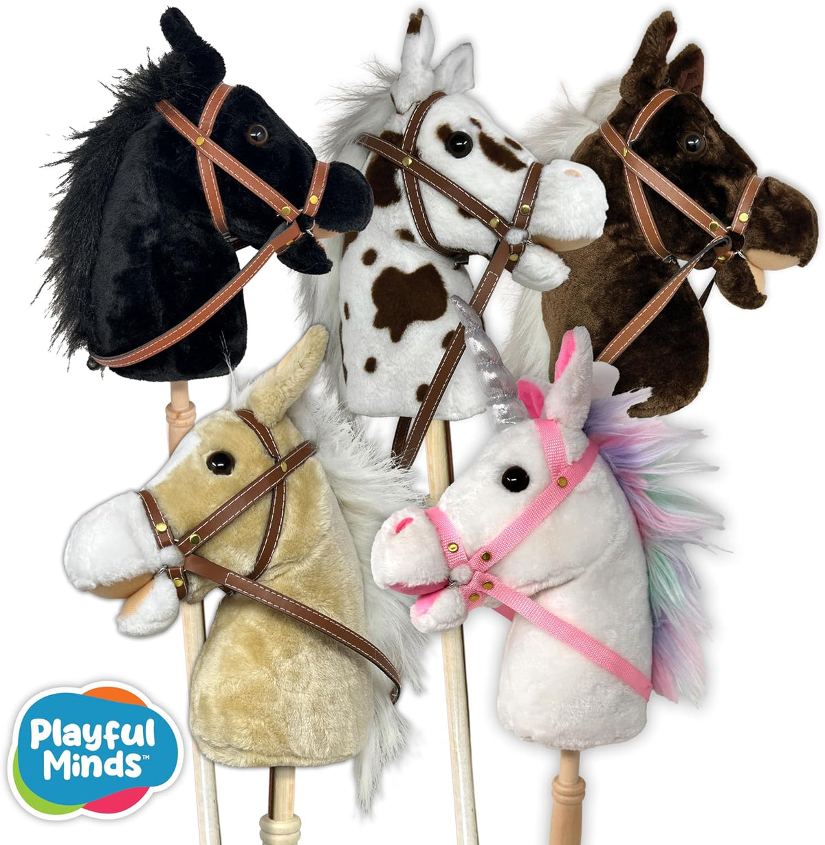 Stick Horse Unicorn | Palo de caballo de peluche hecho a mano, rosa/blanco