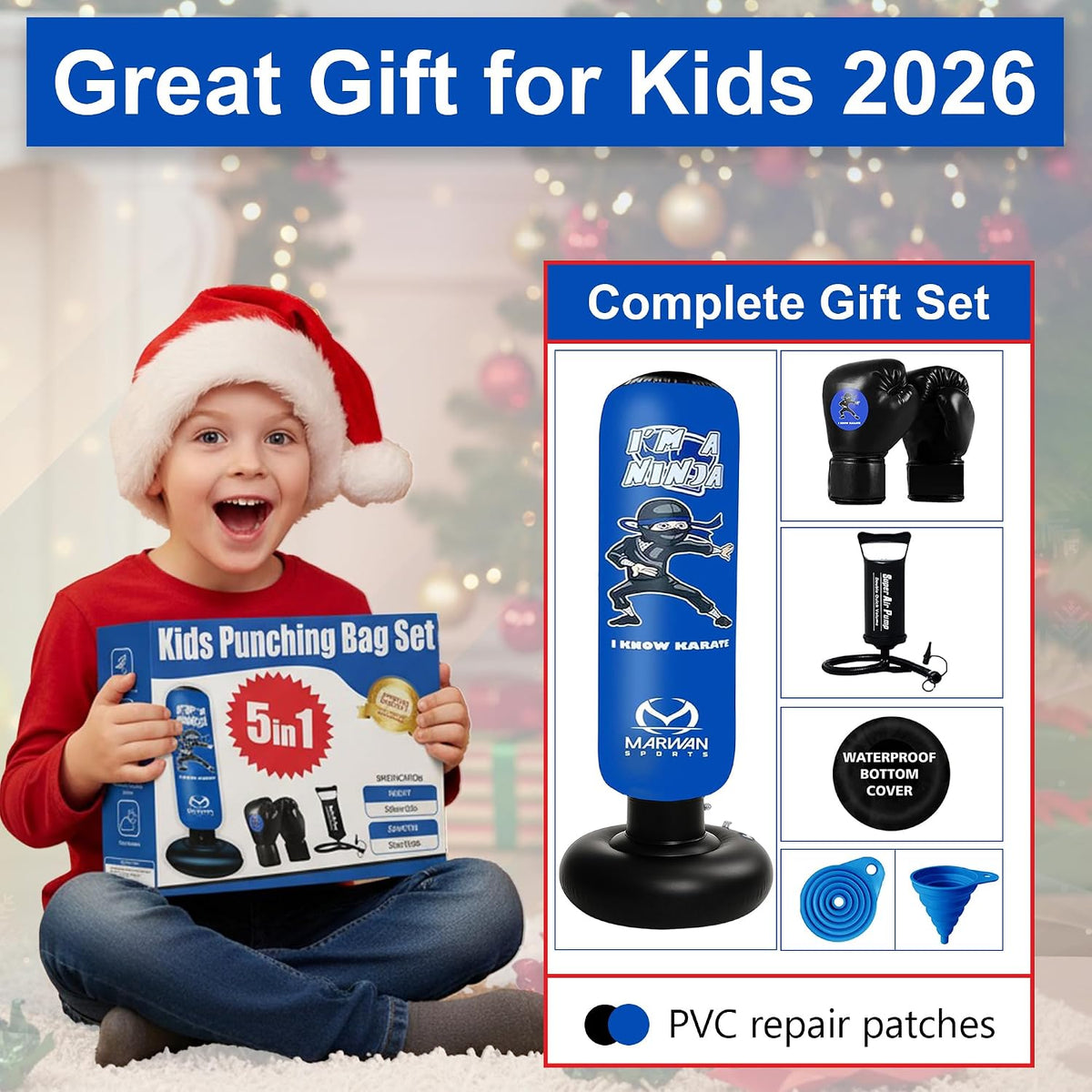 Ninja - Saco de boxeo para niños, juguete sensorial inflable y regalo de cumpleaños para niños y niñas de 4 a 12 años, kit independiente 5 en 1 de 63 pulgadas, para apartamentos