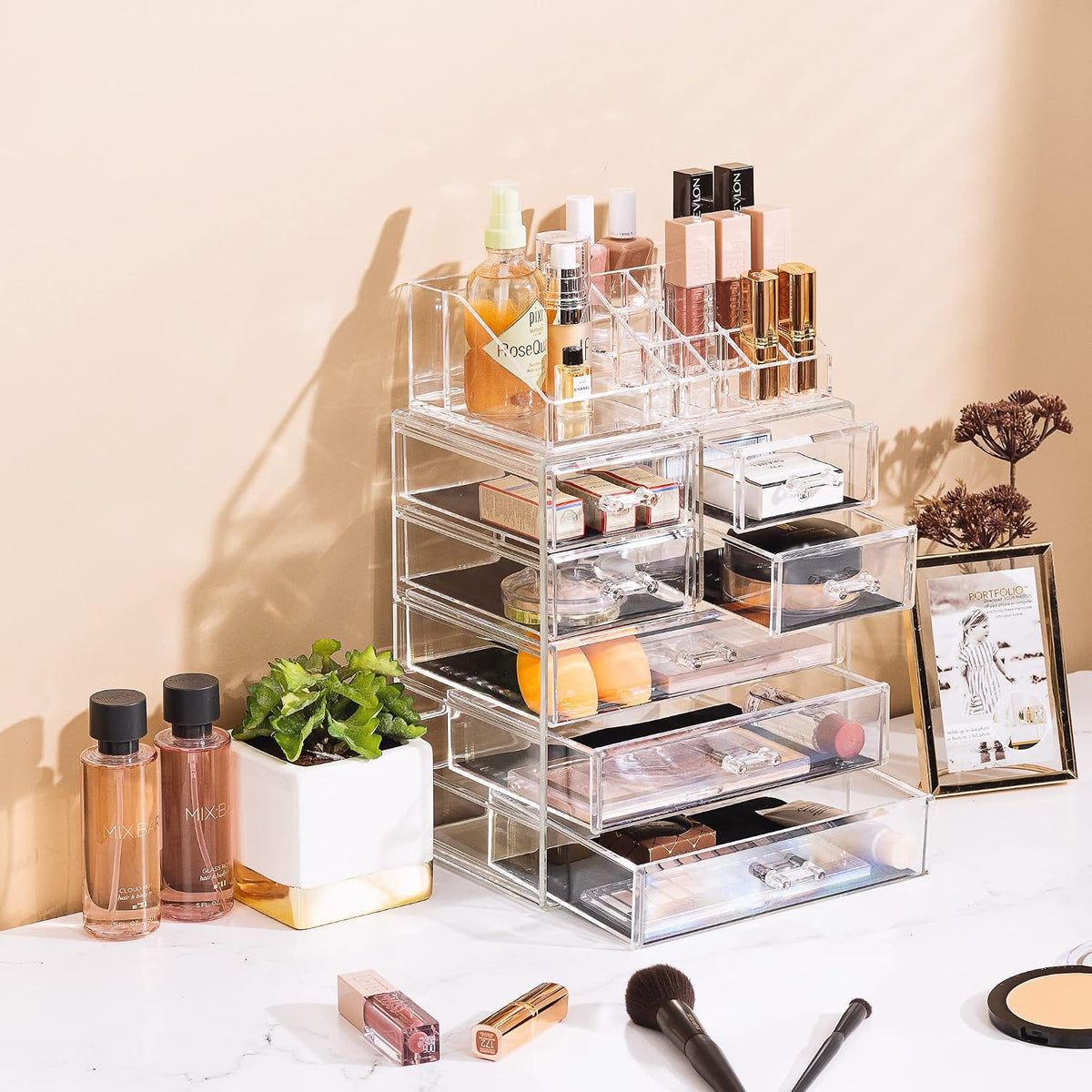 Sorbus Organizador de maquillaje, juego de 2 piezas acrílicas de 7 cajones