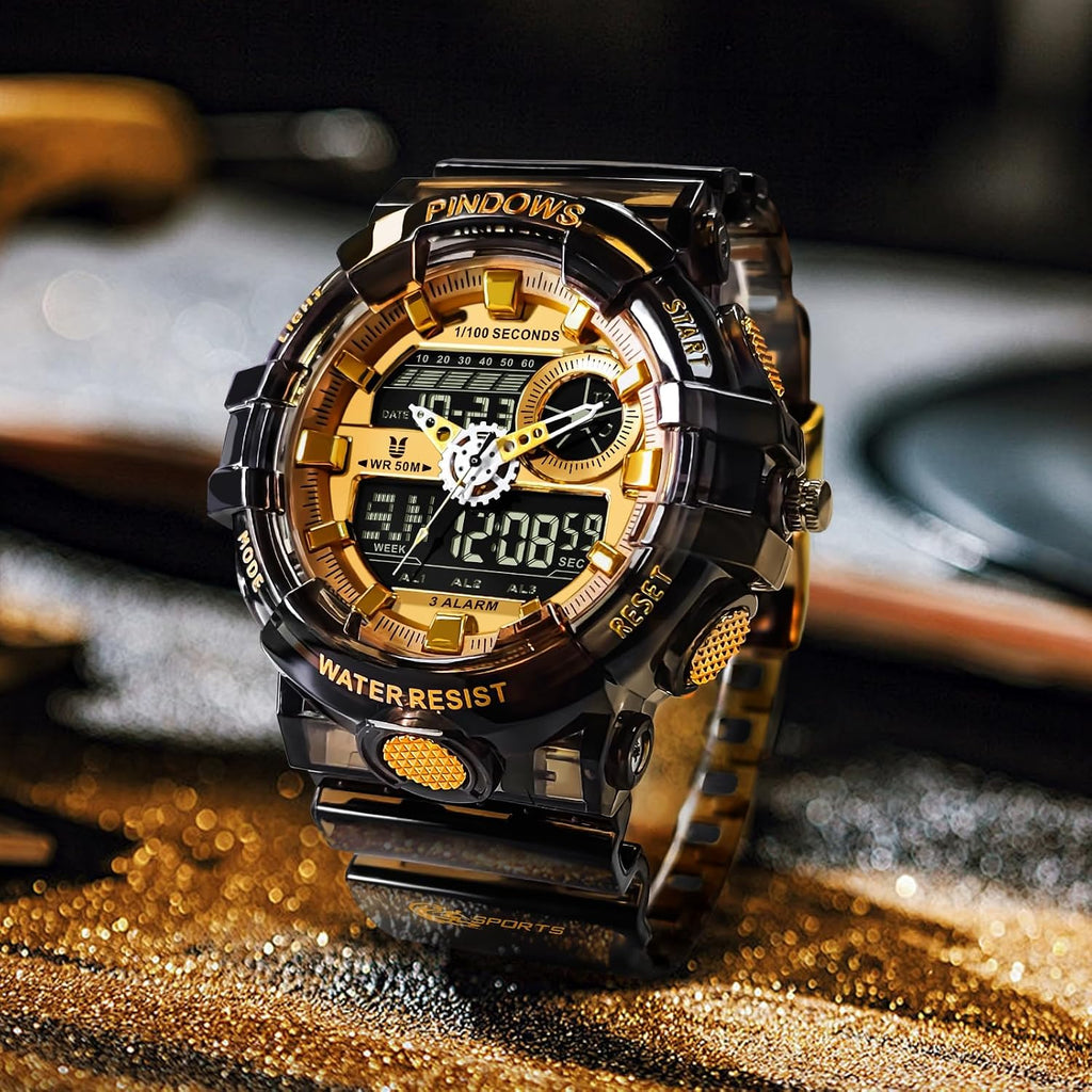 Relojes PINDOWS para hombre, transparente dorado, analógico digital, doble hora, 50M resistente al agua, retroiluminación LED, multifuncional con alarmas, cronómetro, ideal para deportes, actividades