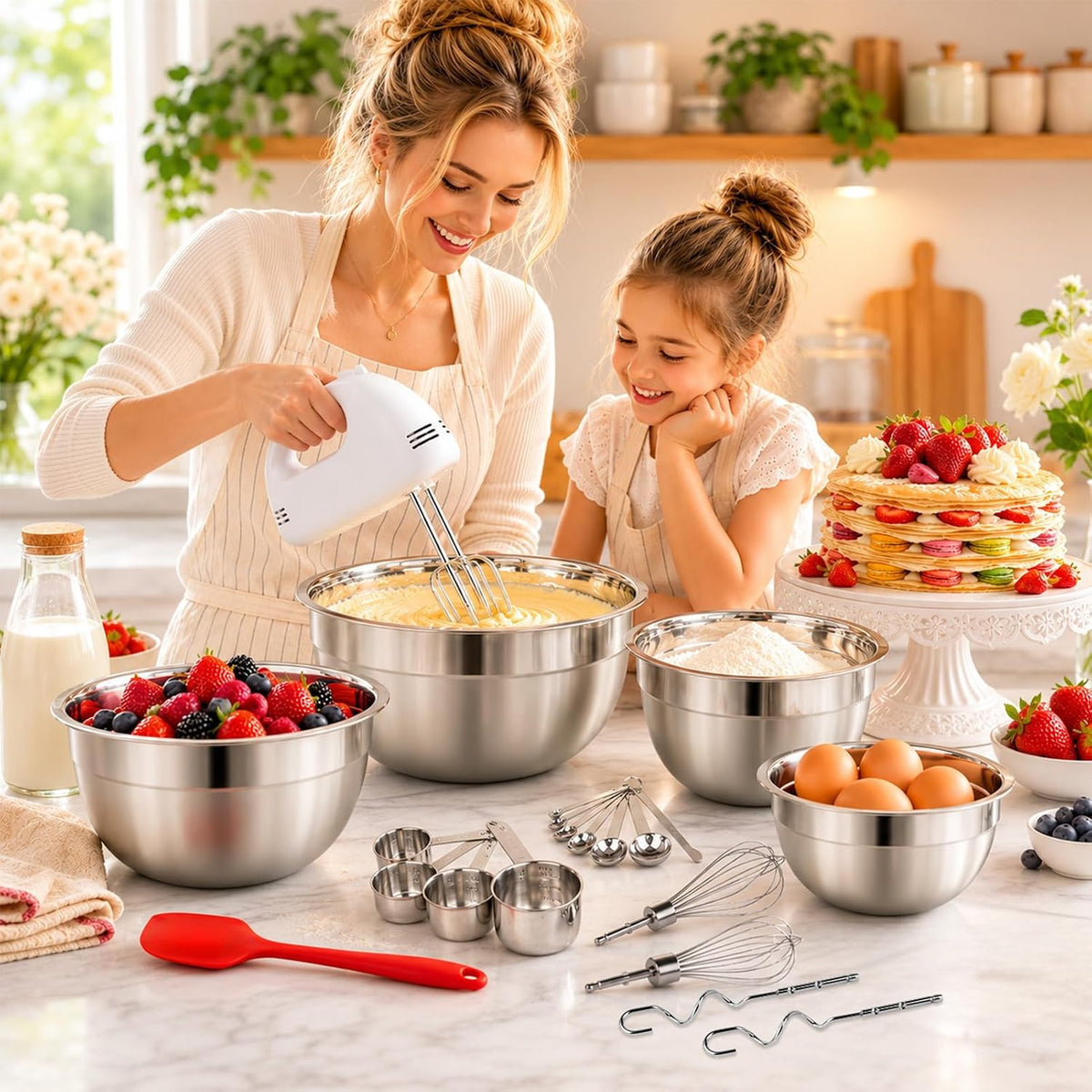 WEPSEN Batidora de mano eléctrica de 5 velocidades, juego de 4 cuencos grandes para mezclar, batidoras de mano con batidores, cuenco de metal de acero inoxidable, tazas medidoras, cucharas, batidora de pastel de cocina para suministros para hornear
