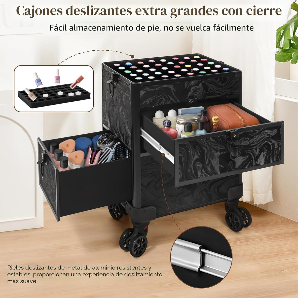 AROUS Estuche de maquillaje rodante con 3 cajones, estuche de cosme...
