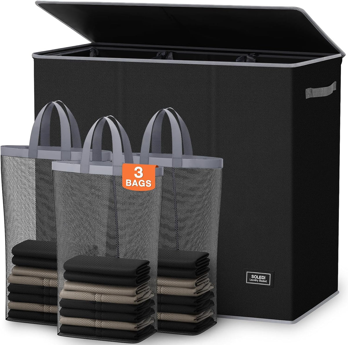 SOLEDI Cesta de ropa sucia de 180L de 3 secciones, cesta de ropa sucia extra grande con tapa, cesta de ropa sucia con asa resistente, organizador de cesta grande de ropa sucia para cuarto de lavado