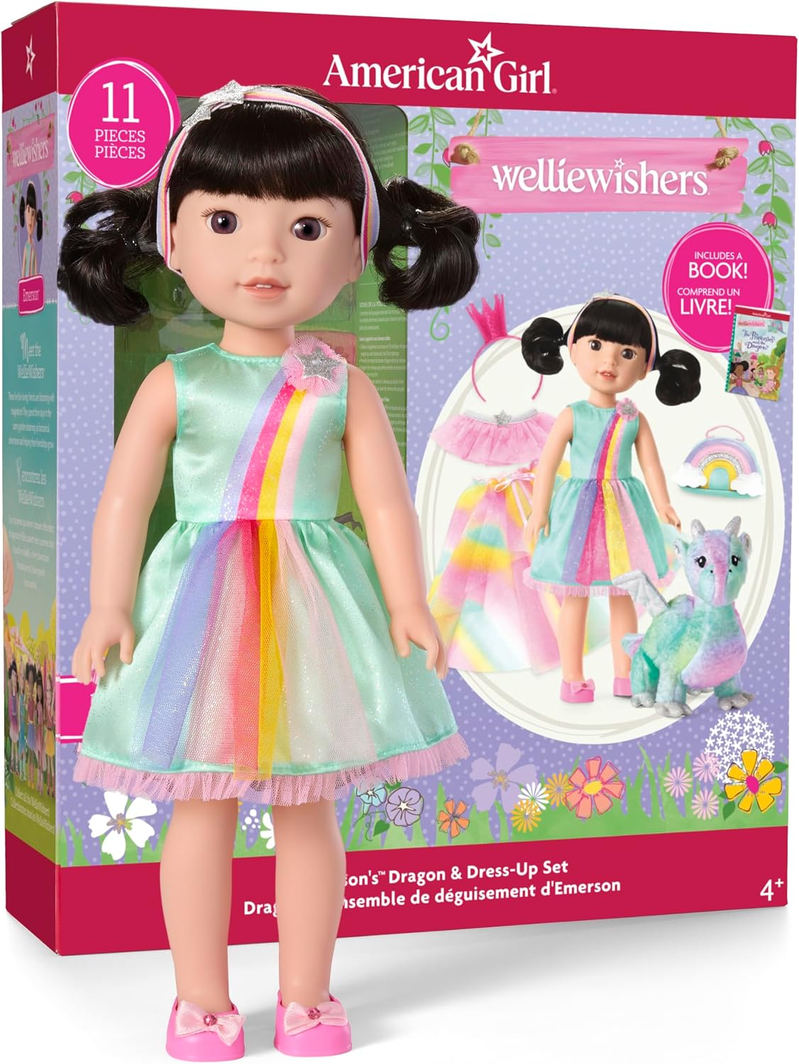 American Girl WellieWishers - Juego de muñecas Emerson de 14.5 pulgadas con Crisella the Dragon, vestido de muñeca y accesorios, y libro de cuentos, para mayores de 4 años (exclusivo de Amazon)