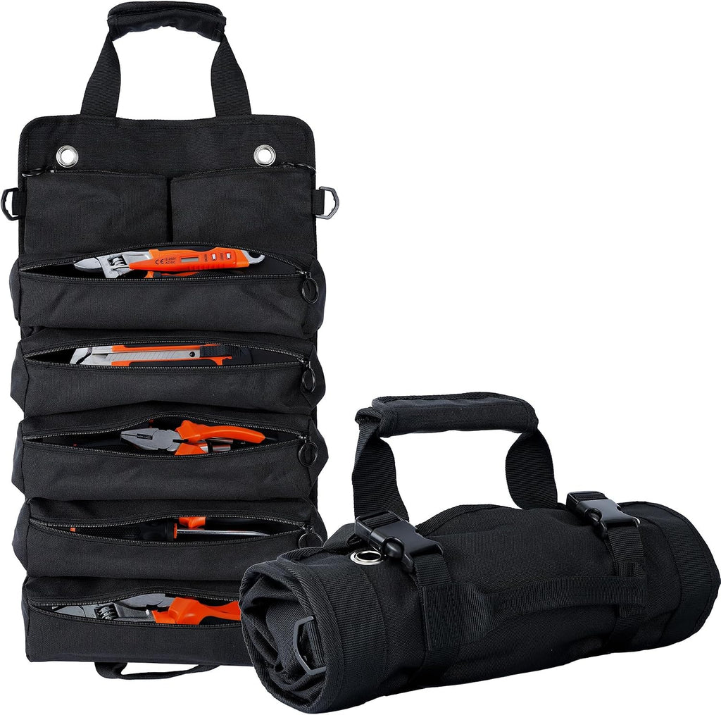 Bolsa plegable portátil para herramientas, bolsa organizadora de herramientas resistente con 5 compartimentos y 2 bolsas desmontables para almacenamiento de herramientas, bolsa enrollable impermeable para papá, hombres, electricista, mecánico, regalos