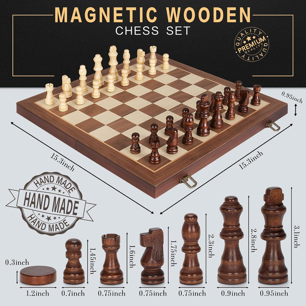 Juego de ajedrez magnético 2 en 1 y juego de mesa de damas, tablero de ajedrez plegable de madera de 15 pulgadas con 2 reinas adicionales, juego de ajedrez de viaje portátil con ranuras de