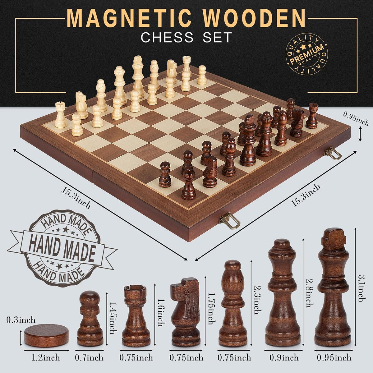Juego de ajedrez magnético 2 en 1 y juego de mesa de damas, tablero de ajedrez plegable de madera de 15 pulgadas con 2 reinas adicionales, juego de ajedrez de viaje portátil con ranuras de
