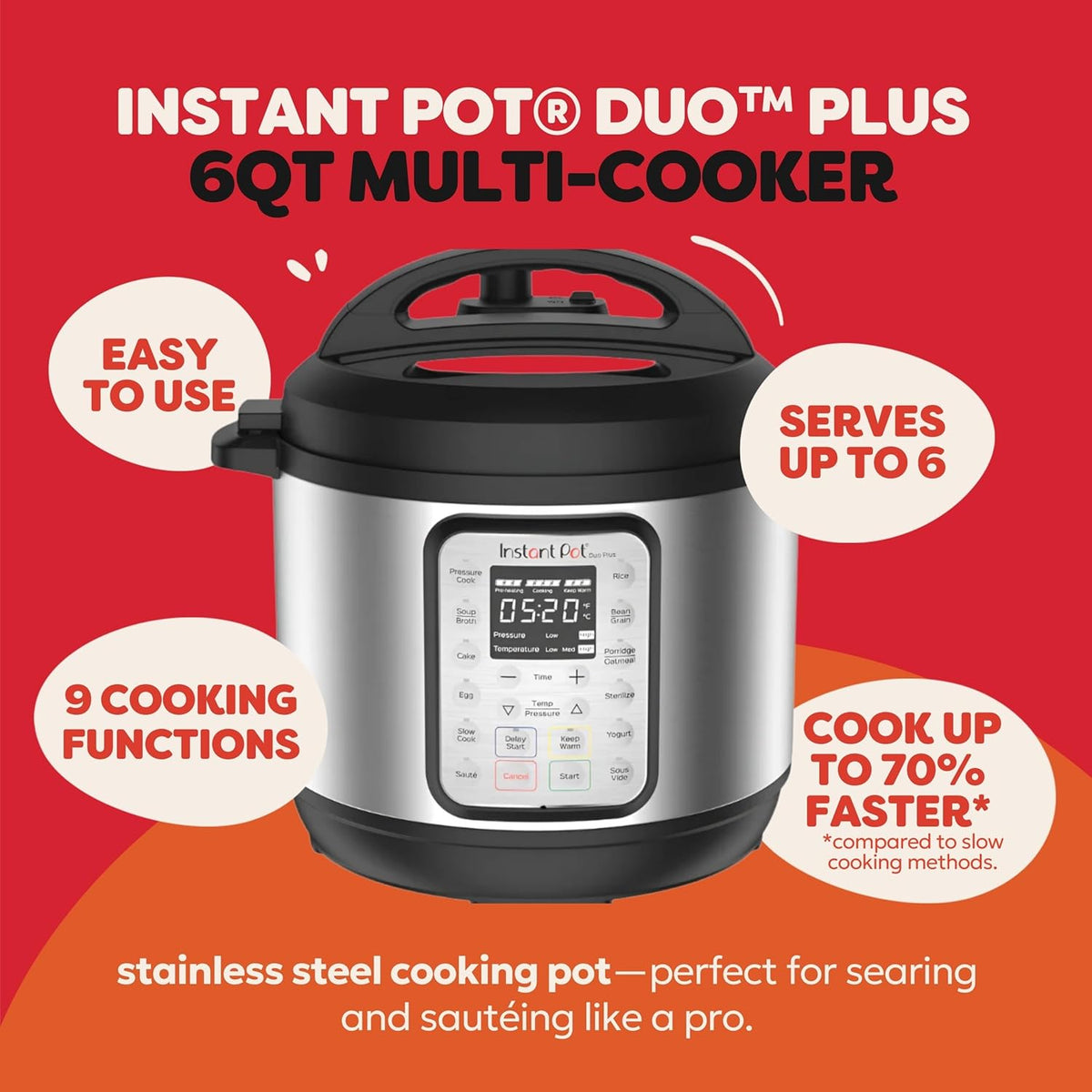 Instant Pot Duo Plus 6 Qt 9 in 1 Olla de presión multiuso programable, olla de cocción lenta, arrocera, yogurtera, vaporera, para hervir huevos, sofreír, calentar y esterilizar