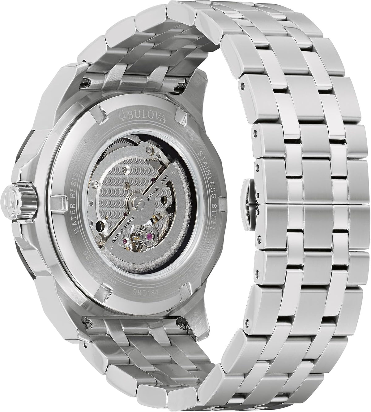 Bulova Marc Anthony Reloj Automático Marine Star de Acero Inoxidable para Hombre, Apertura Abierta, Parte Posterior de Caja de Exhibición, Esfera Azul Sunray con Acento de Diamante, (Modelo: 98D184)