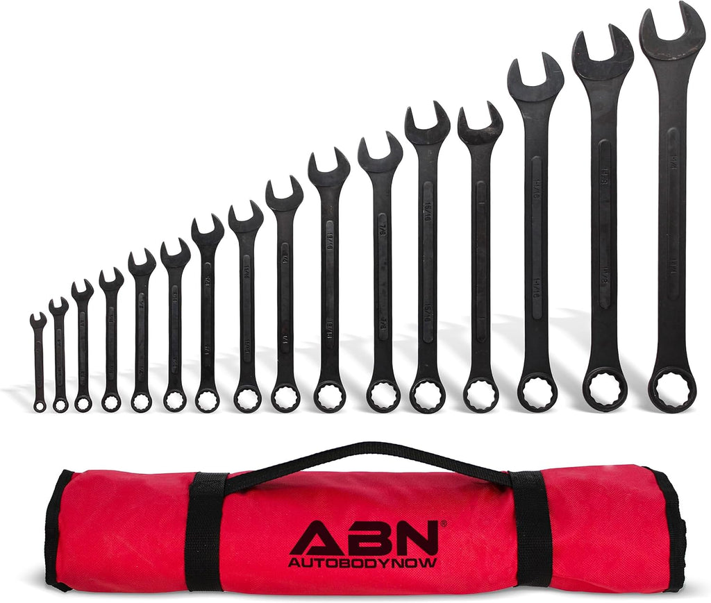 ABN SAE - Juego de llaves combinadas, 16 llaves estándar de 1/4 a 1-1/4 pulgadas con bolsa enrollable, juego de herramientas mecánicas grandes abiertas y de extremo de caja