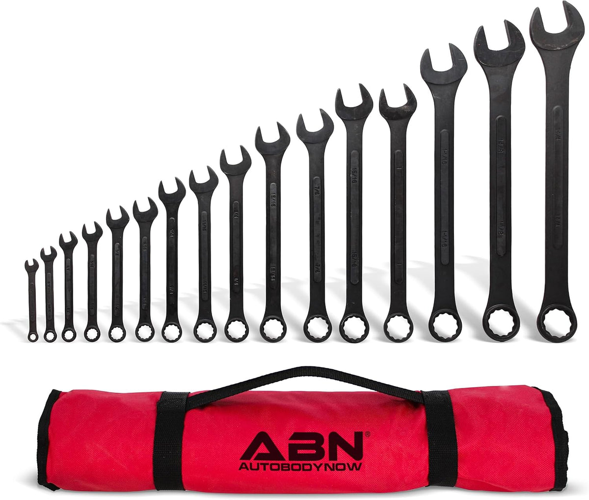 ABN SAE - Juego de llaves combinadas, 16 llaves estándar de 1/4 a 1-1/4 pulgadas con bolsa enrollable, juego de herramientas mecánicas grandes abiertas y de extremo de caja