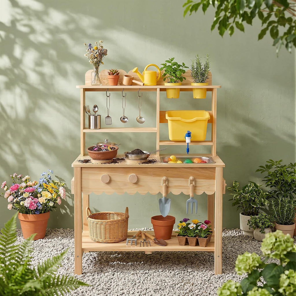 Cocina de barro de madera para niños con grifo de trabajo y fregadero