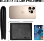 Cartera RUNBOX para Hombre de Cuero con Bloqueo RFID Bifold para Bolsillo Frontal