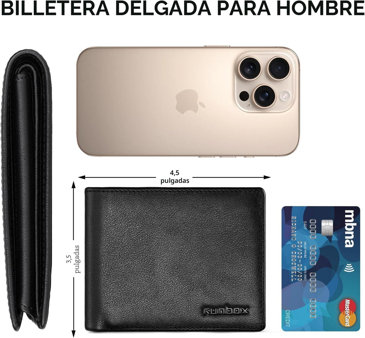 Cartera RUNBOX para Hombre de Cuero con Bloqueo RFID Bifold para Bolsillo Frontal