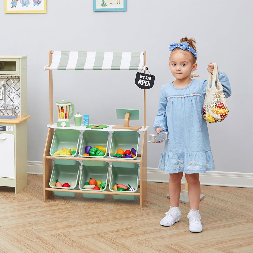 Teamson Kids Little Helper - Puesto de madera del mercado de granjeros con caja registradora de juguete y 6 contenedores de almacenamiento de plástico, verde, TD-13638A-AMZ