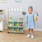 Teamson Kids Little Helper - Puesto de madera del mercado de granjeros con caja registradora de juguete y 6 contenedores de almacenamiento de plástico, verde, TD-13638A-AMZ