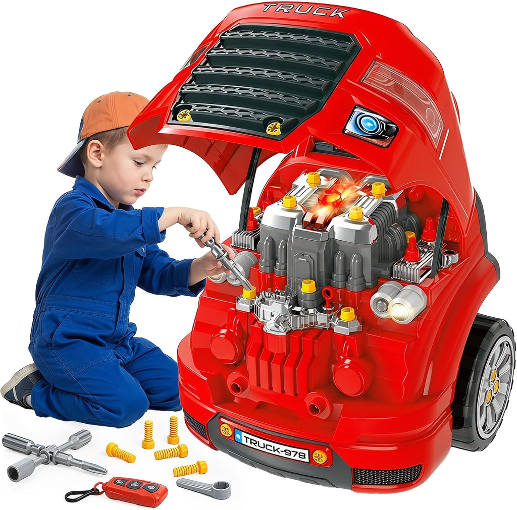 Qaba Camión motor juguete con luces, sonidos, volante para niños 3+, rojo