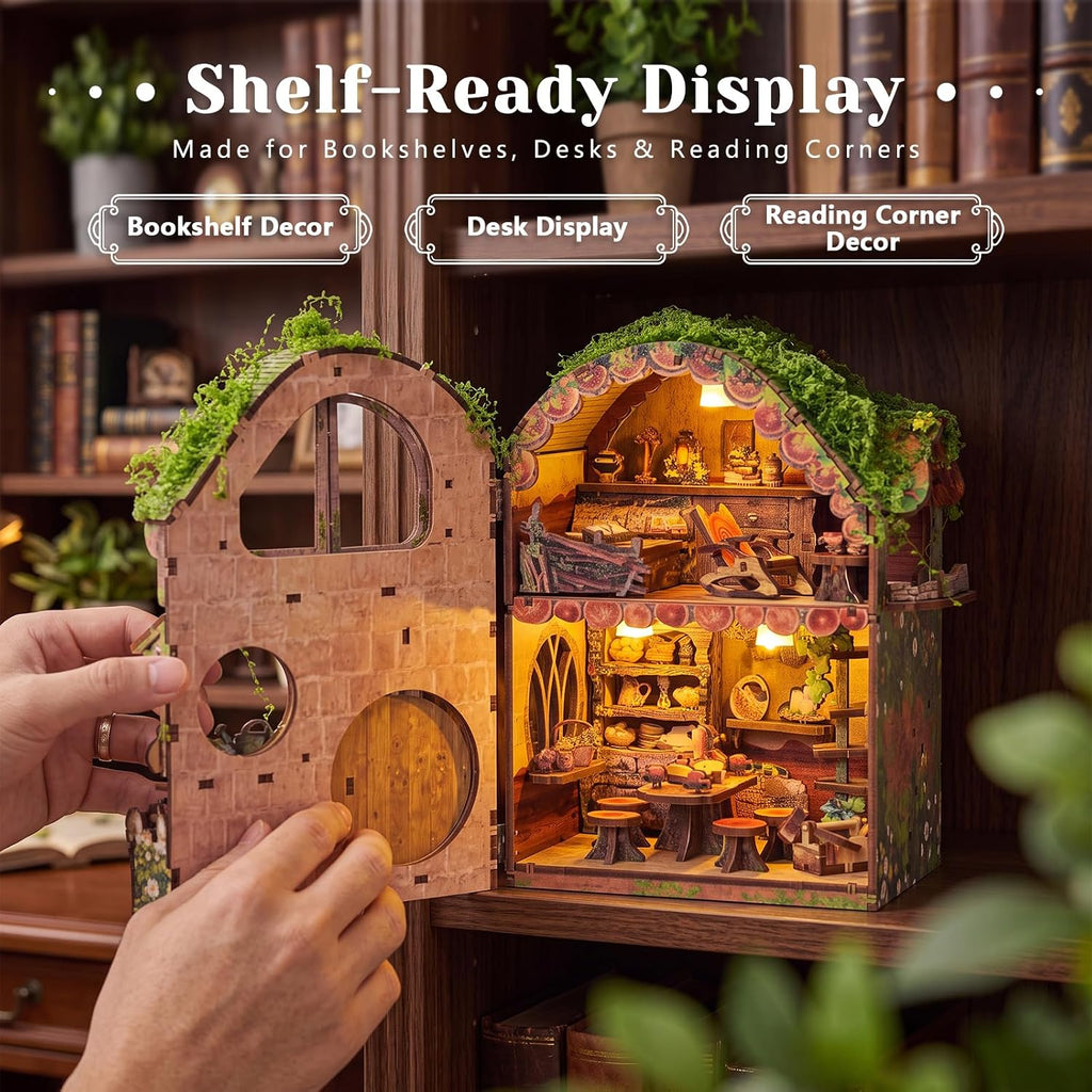 Kit de rincón de libro de invernadero con luz, casa miniatura de