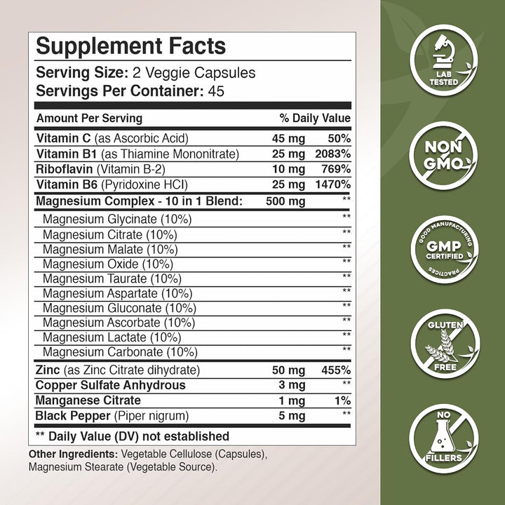 Complejo de magnesio de Gade Nutrition 10 en 1 - Glicinato, citrato...