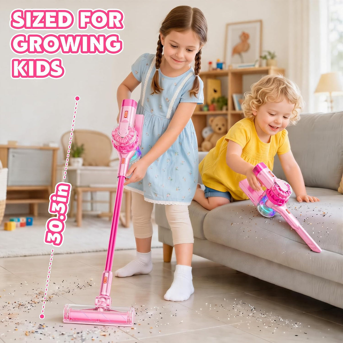 Set de 4 en 1 para niños: aspiradora de juguete para juego de simulación (Color Metálico Rosa)