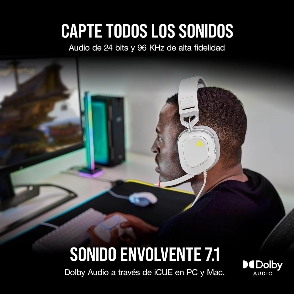 Auriculares de gaming Corsair HS80 RGB USB prémium con sonido envolvente Dolby Audio 7.1 (micrófono omnidireccional de grado de transmisión, almohadillas de espuma viscoelástica, sonido de alta