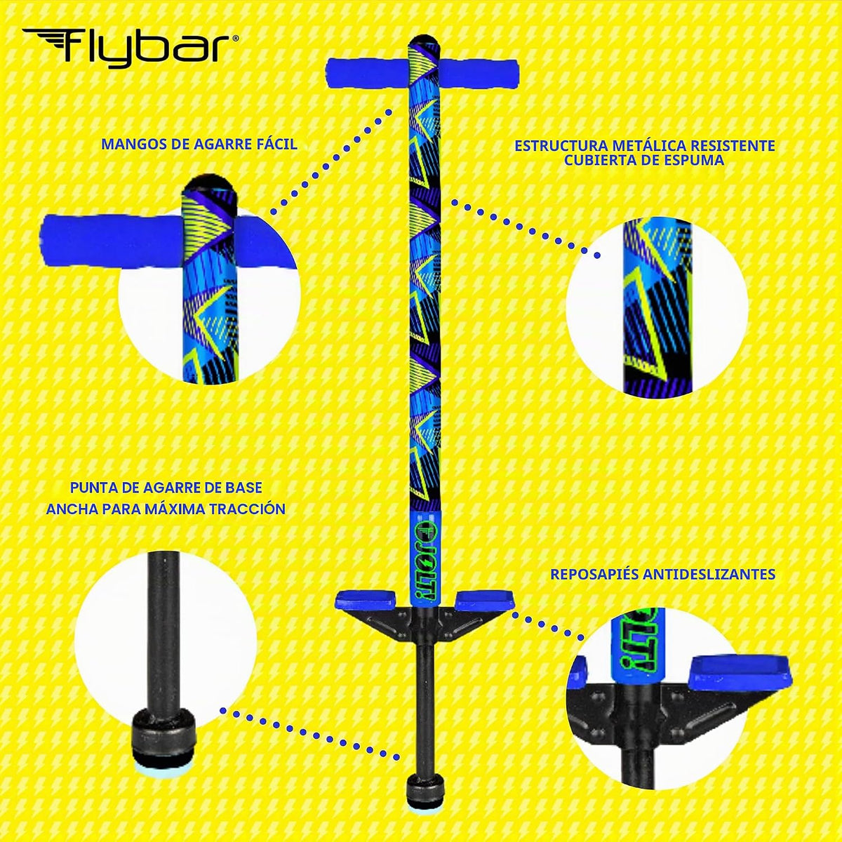 Flybar Jolt Pogo Stick para niños, perfecto para principiantes con marco de metal cubierto de espuma, asas y acolchado, almohadillas antideslizantes para los pies, punta ancha, juguete activo al aire