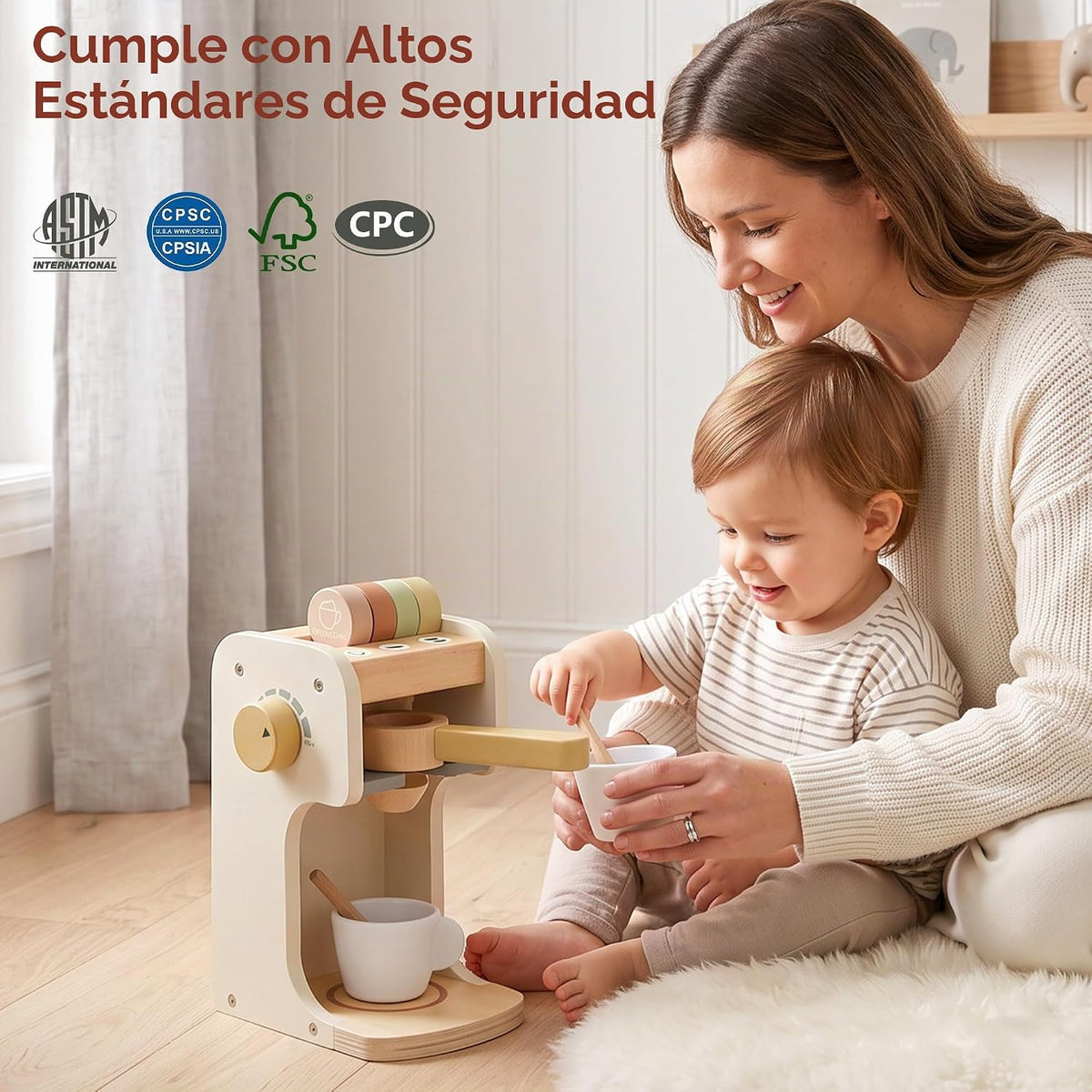 Freniland Juguete clásico de madera para cafetera, juego para preparar y servir para niños pequeños, juguete educativo de cocina para niños a partir de 3 años