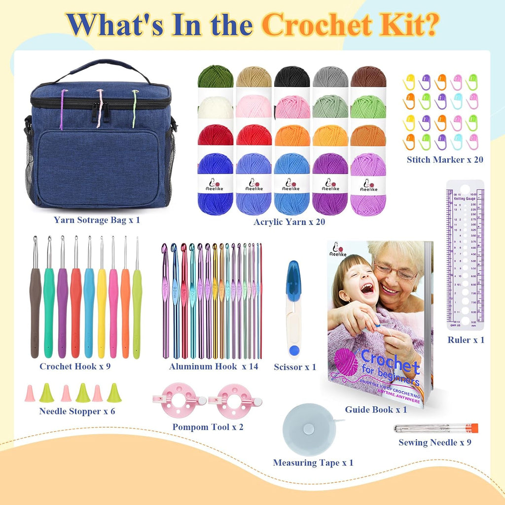 Aeelike Kit de 87 piezas para principiantes de ganchillo para adultos, kit