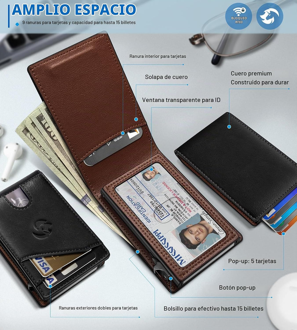 Cartera para hombre, tarjetero desplegable delgado con bloqueo RFID, billetera plegable minimalista con 9 ranuras para tarjetas, ventana de identificación y bolsillo para efectivo, funda de