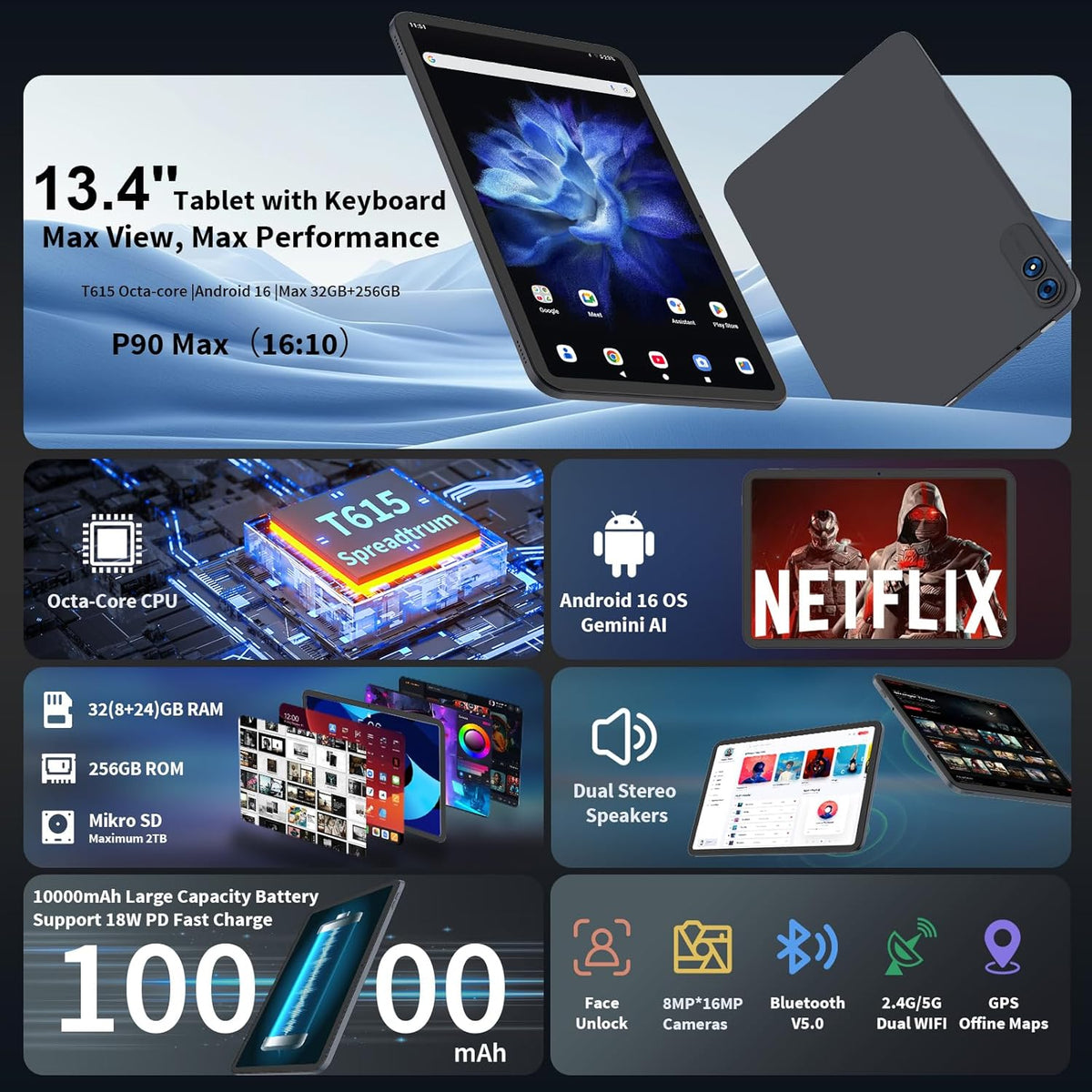Tablet de 13 pulgadas con teclado, tableta Android 16 con Gemini AI...