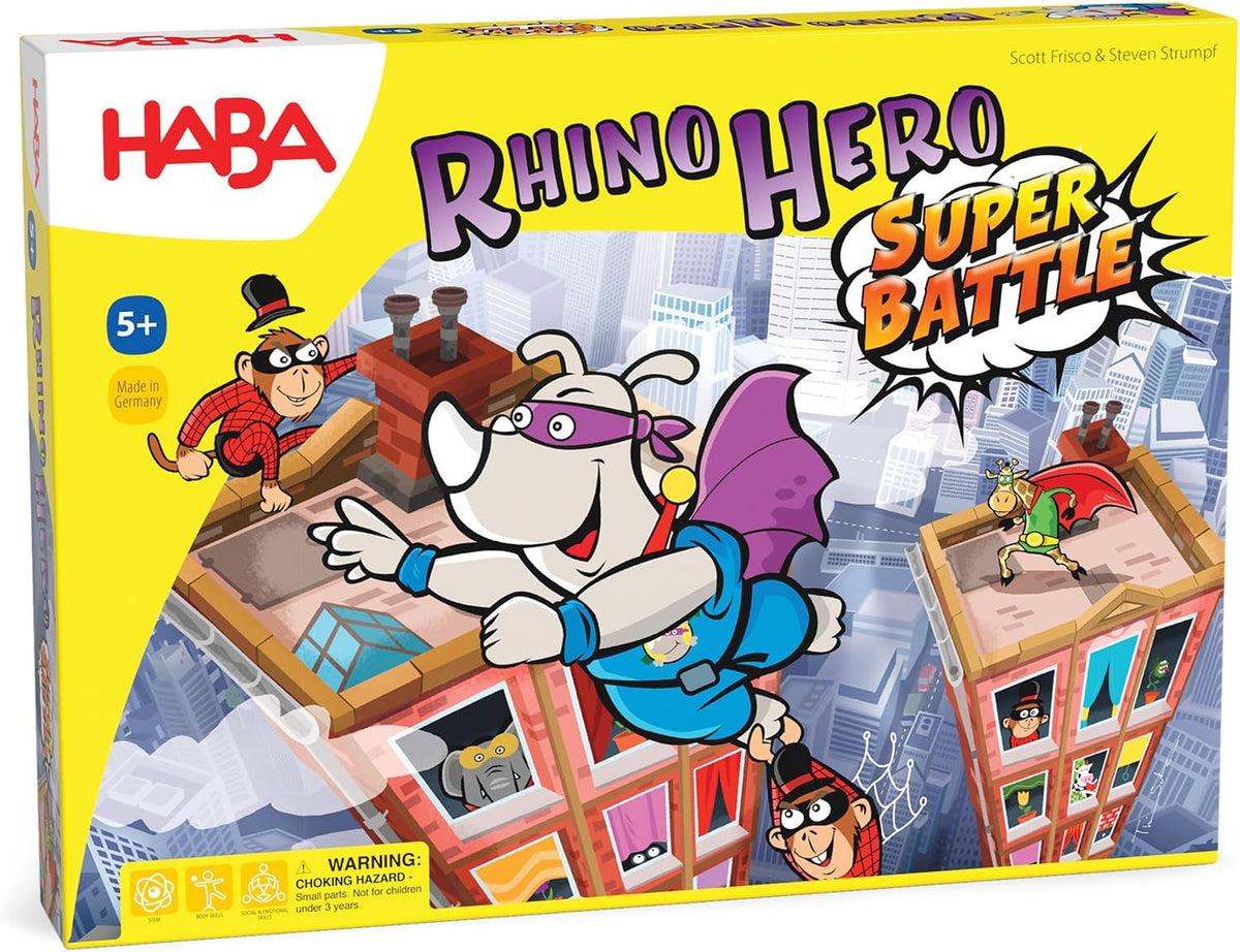 Haba Rhino Hero Súper Batalla – Un turbulento juego de apilamiento 3D diversión para todas las edades