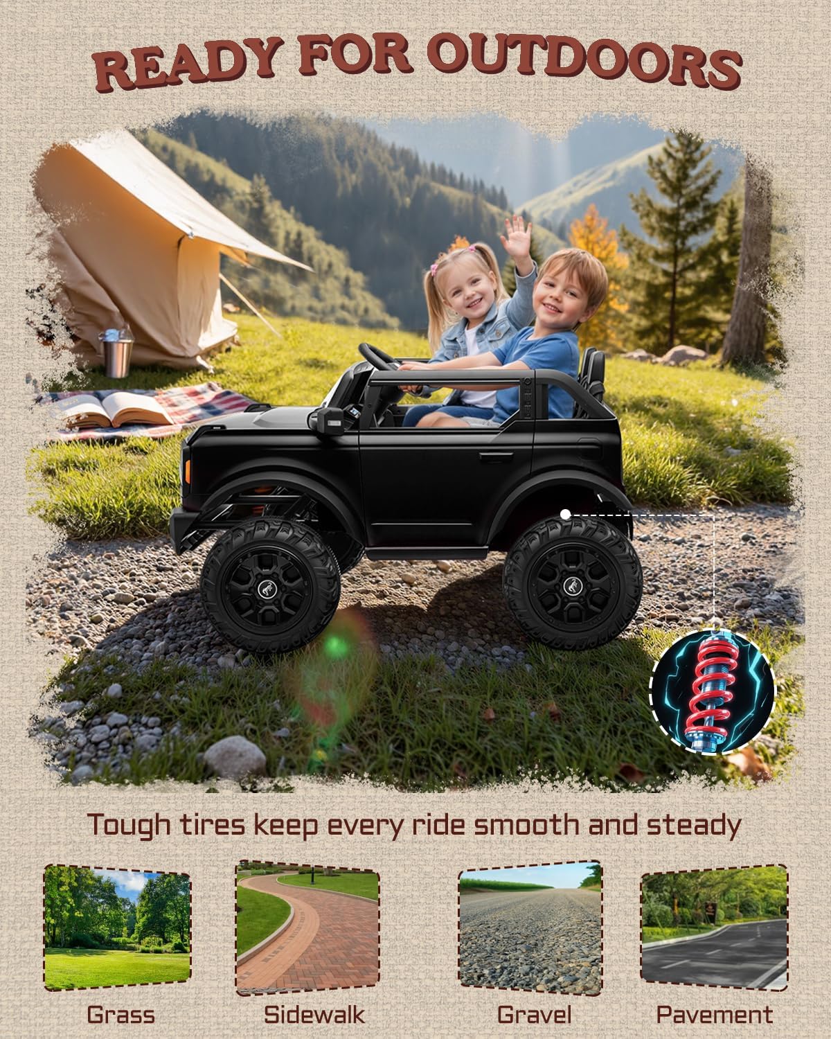 First Ride On Juguetes de paseo de 24 V para niños grandes, auto base Ford Bronco con licencia de 2 plazas, automóvil eléctrico para niños con control remoto para padres, Bluetooth, cinturones de seguridad, suspensión de resorte y LED (negro)