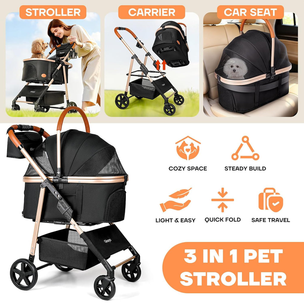 Cochecito para perros y gatos para mascotas pequeñas/medianas de hasta 50 libras, cochecito plegable 3 en 1 para mascotas con transportador desmontable, asiento de automóvil, canasta de almacenamiento