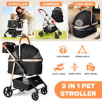 Cochecito para perros y gatos para mascotas pequeñas/medianas de hasta 50 libras, cochecito plegable 3 en 1 para mascotas con transportador desmontable, asiento de automóvil, canasta de almacenamiento