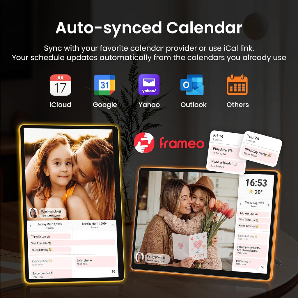 ApoloSign Marco de fotos digital con luz de neón de 14 pulgadas, calendario digital de escritorio, programación de sincronización automática a través de la aplicación Frameo, pantalla táctil FHD de 2 K, LED que cambia de color | Comparte fotos y videos al