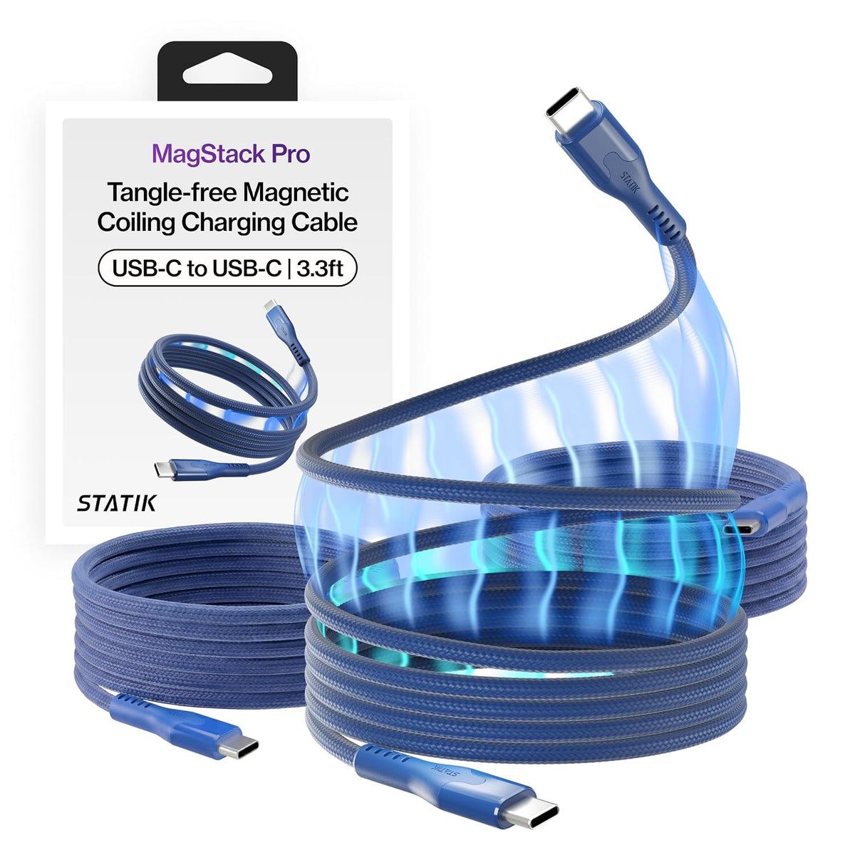 Statik MagStack Pro - Cable de carga magnético USB C a USB C, 100 W, diseño trenzado de nailon sin enredos, bobina magnética, transferencia de datos, compatible con iPhone y Android, 3 pies