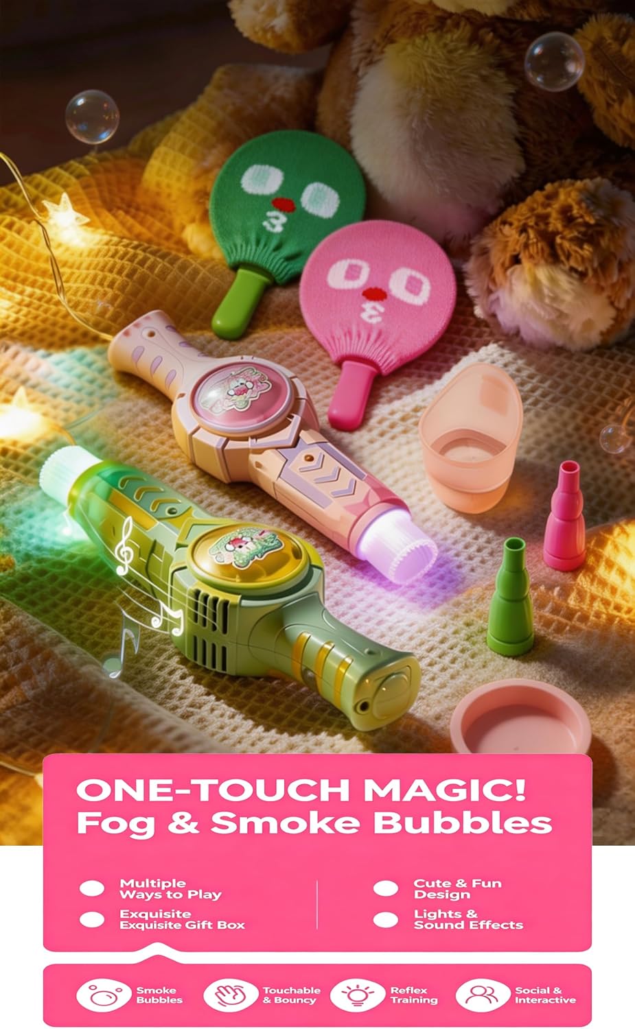 Kit de máquina mágica de burbujas de humo para niños, burbujas elásticas con raquetas y guantes de punto, varita de burbujas antiniebla 10 en 1 con luces y música, regalo sensorial recargable para