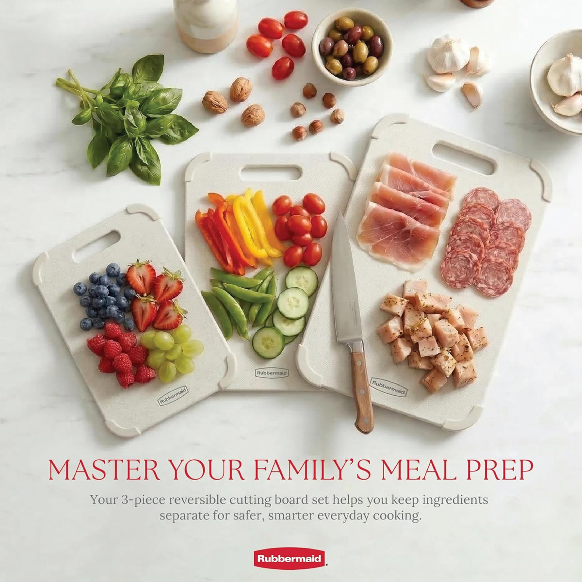 Rubbermaid Juego de tablas de cortar reversibles de fibra de trigo de 3 piezas, tablas de cortar para cocina, aptas para lavavajillas, esquinas antideslizantes, ligeras y fáciles de almacenar, tabla