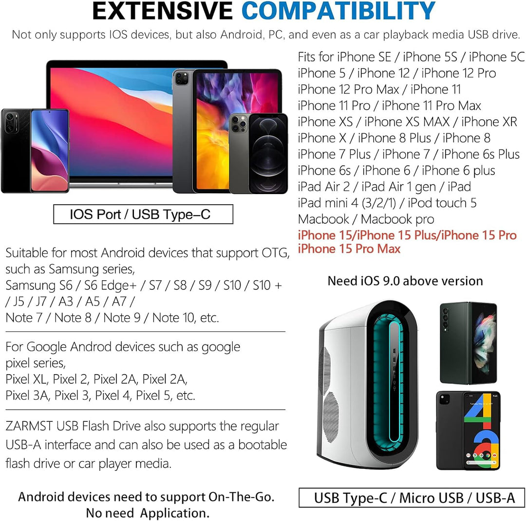 Unidad flash para iPhone 256GB, 4 en 1 USB tipo C, memoria USB tipo...