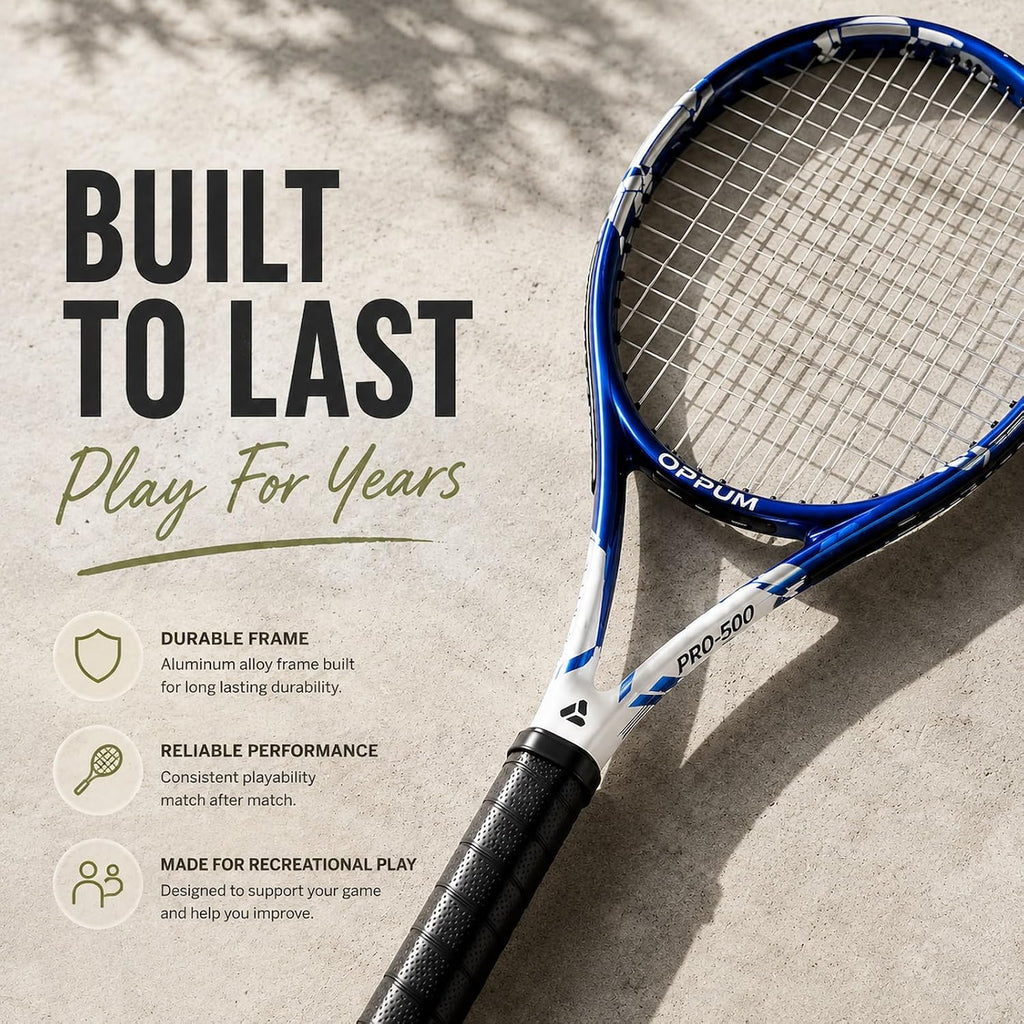 Raquetas de tenis OPPUM PRO-500 para adultos, paquete de 2 raquetas preencordadas para principiantes e intermedios con bolsa de transporte y 2 pelotas, cabeza sobredimensionada de 105 pulgadas
