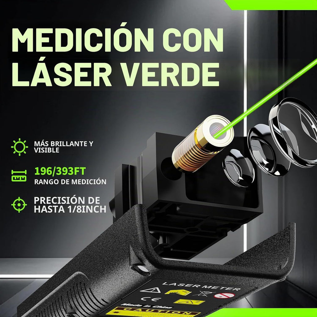 Medidor de Distancia Láser Verde USB-C Recargable Sensor de Ángulo XY en Vivo