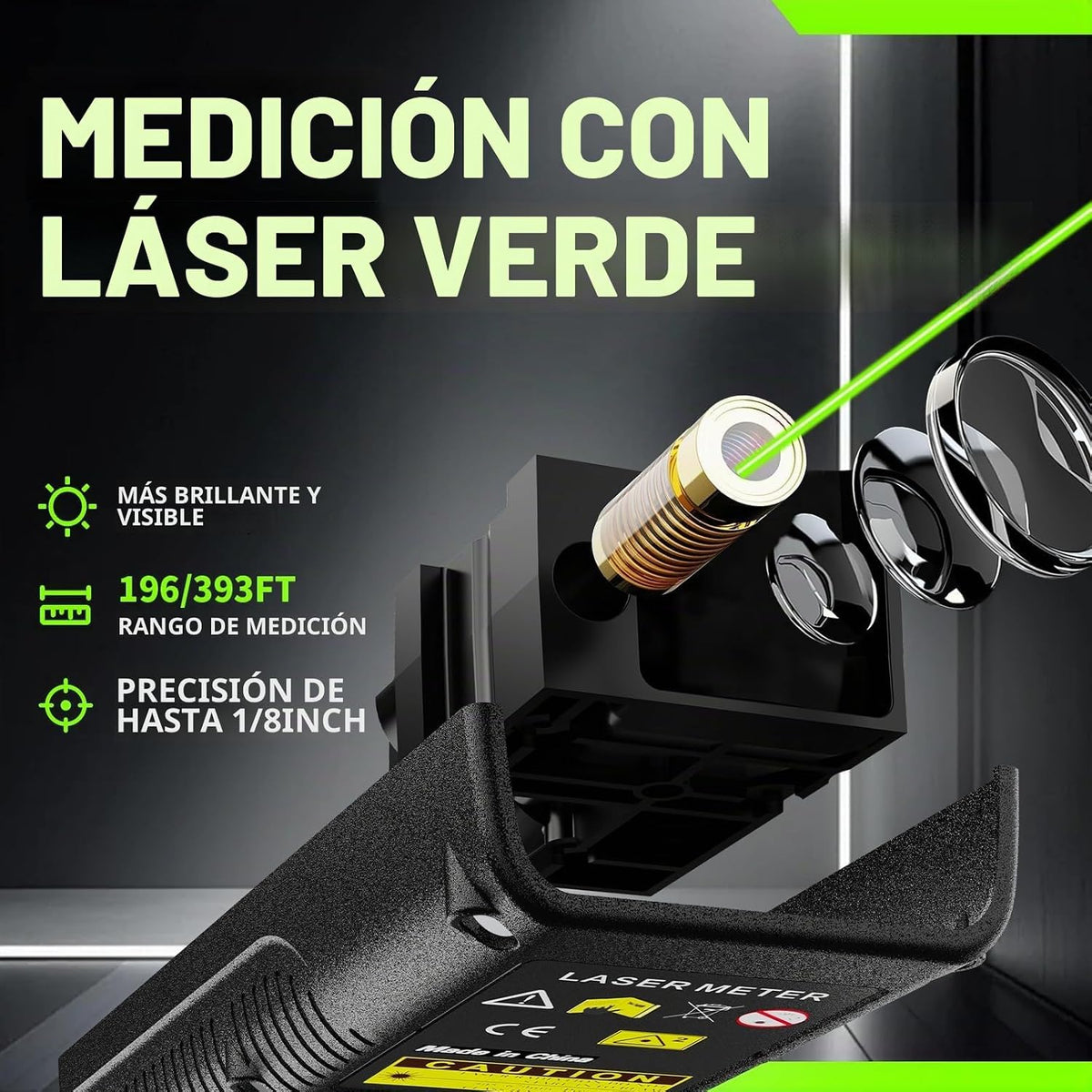 Medidor de Distancia Láser Verde USB-C Recargable Sensor de Ángulo XY en Vivo