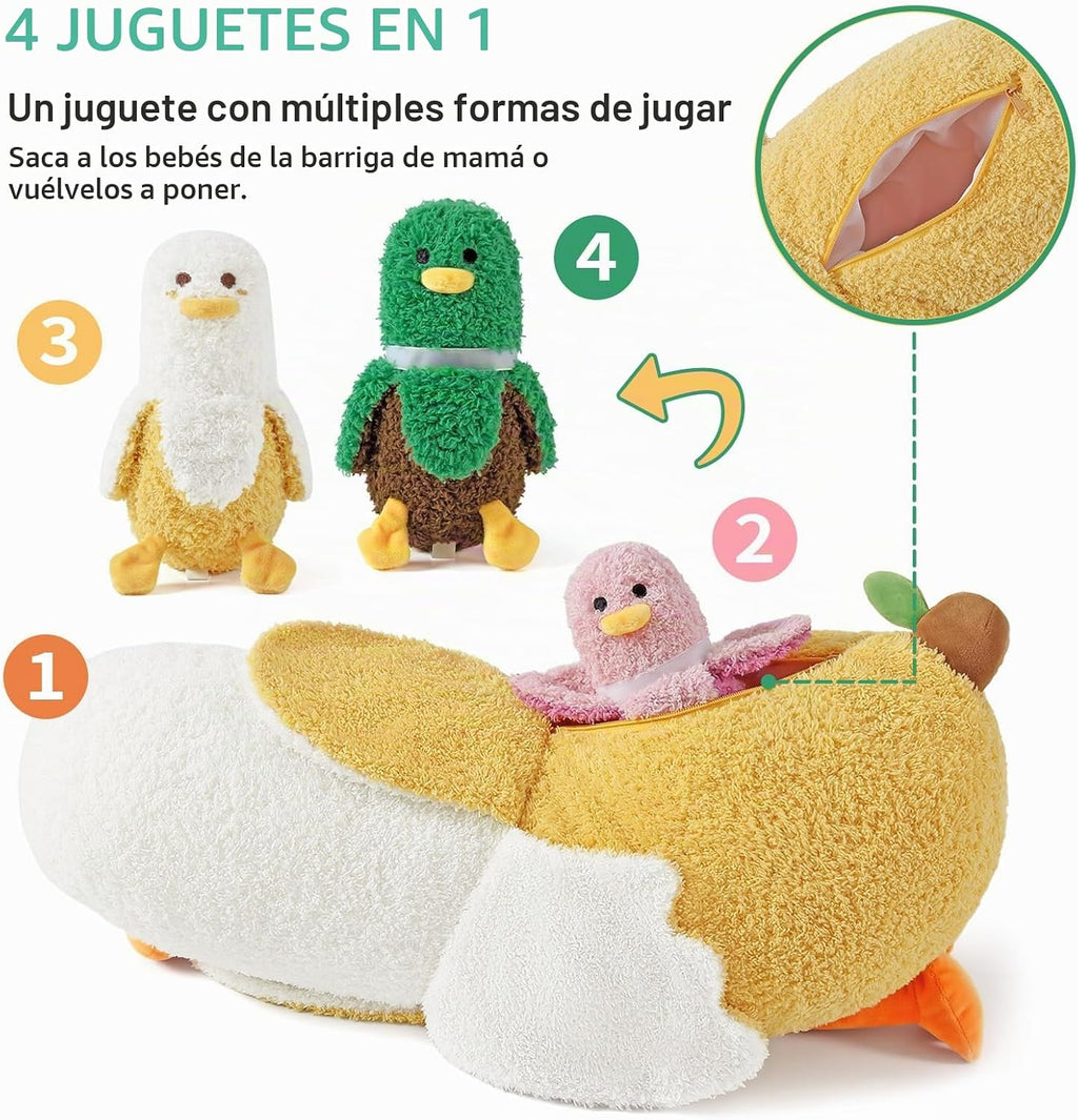 PEACH CAT Peluche de pato plátano con diseño de banana 1 mamá 19.7" Animal de peluche de pato con 3 lindos bebés dentro, juego de 4 piezas de peluches para regalos para niñas y niños