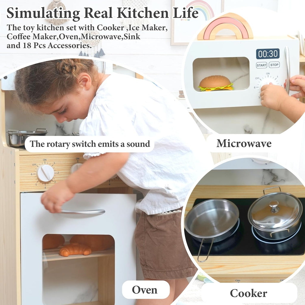 Cocina de madera para niños con caja de almacenamiento y 18