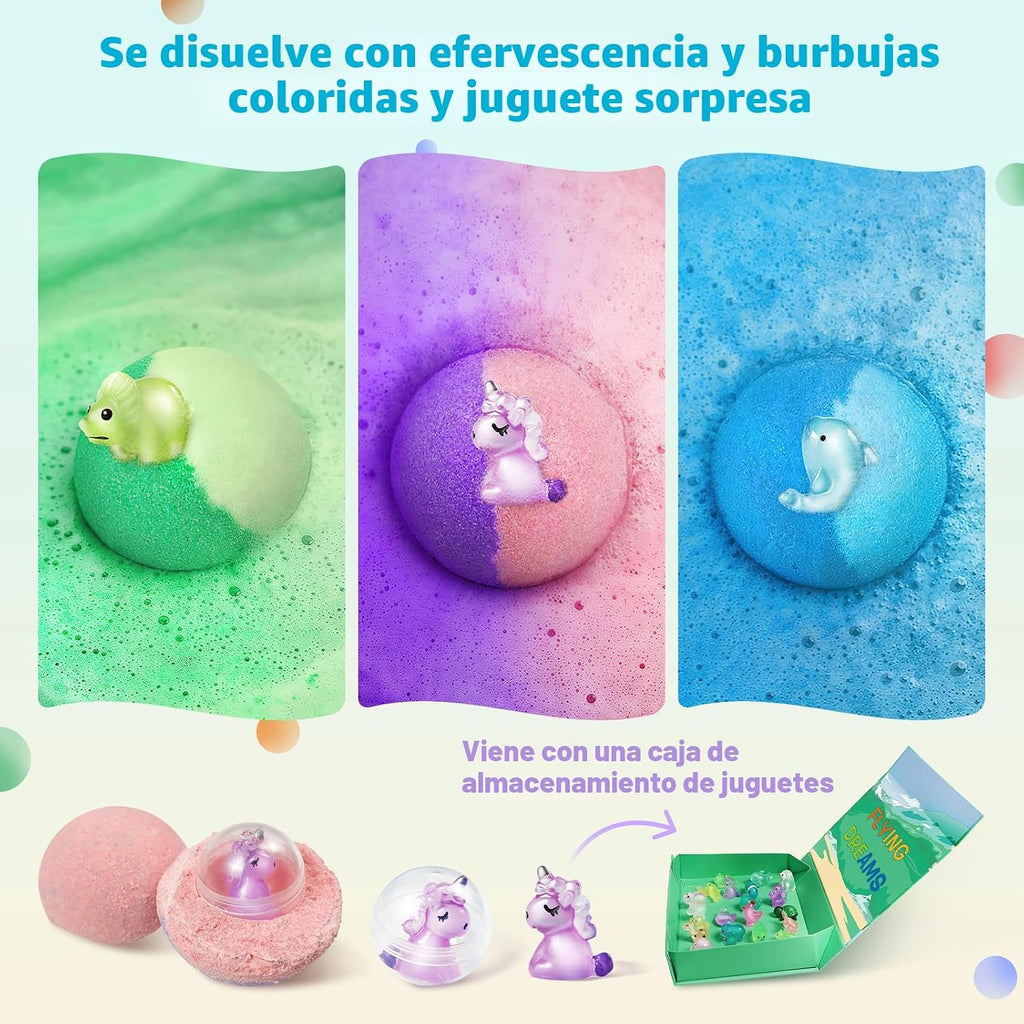 Bombas de baño para niños con juguetes en el interior, paquete de 24 bombas de baño para niños con juguetes sorpresa que brillan en la oscuridad, rellenos de calcetines para niños y niñas